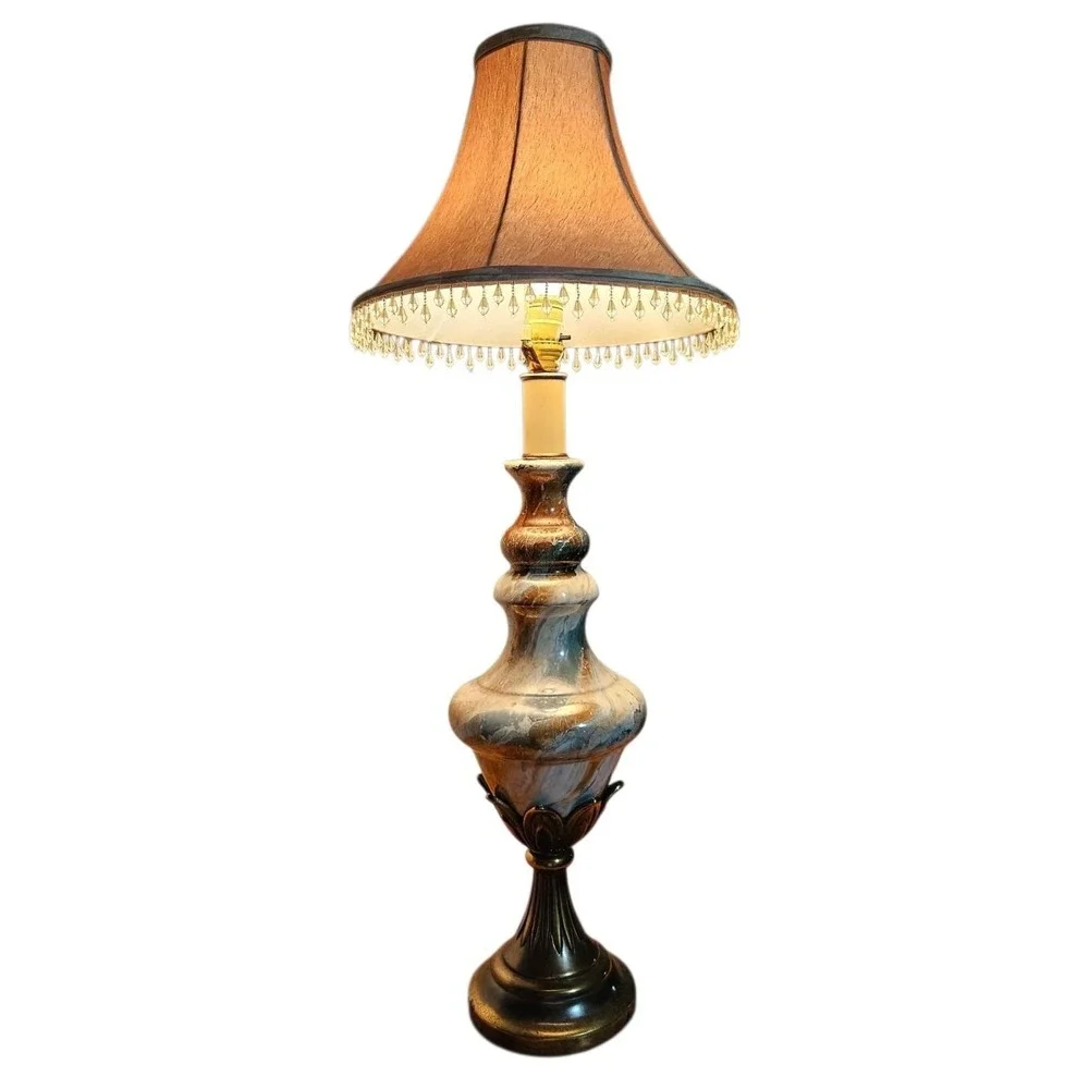 Mid Century Antique Marble Table Lamp W/ Beaded VictorianShade Brass Base Urn